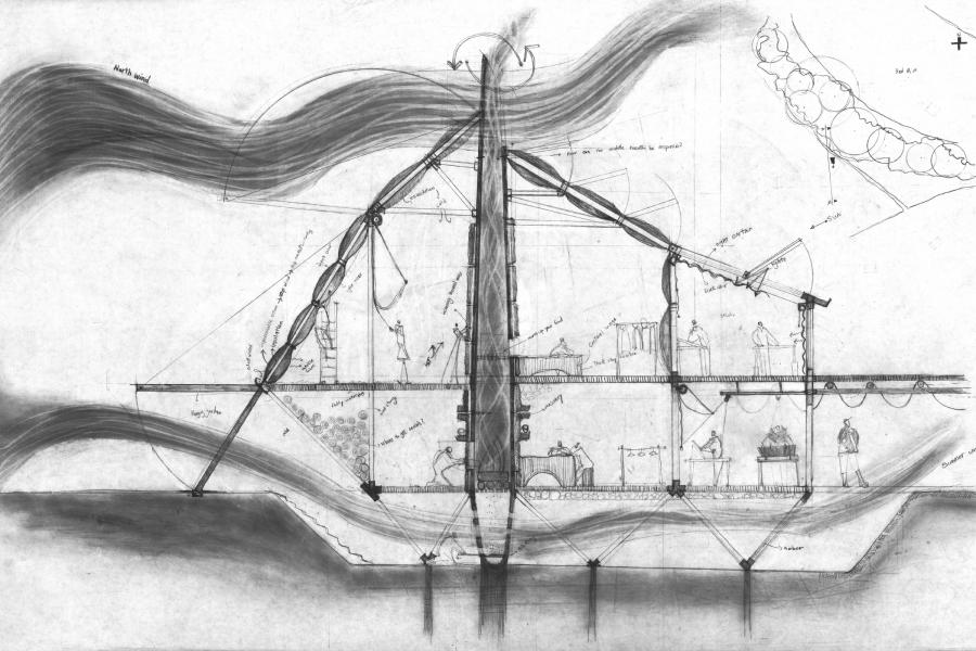 Architectural drawing of a building section, featuring labeled rooms and structures. Arrows indicate airflow, evoking a sense of innovation and design.