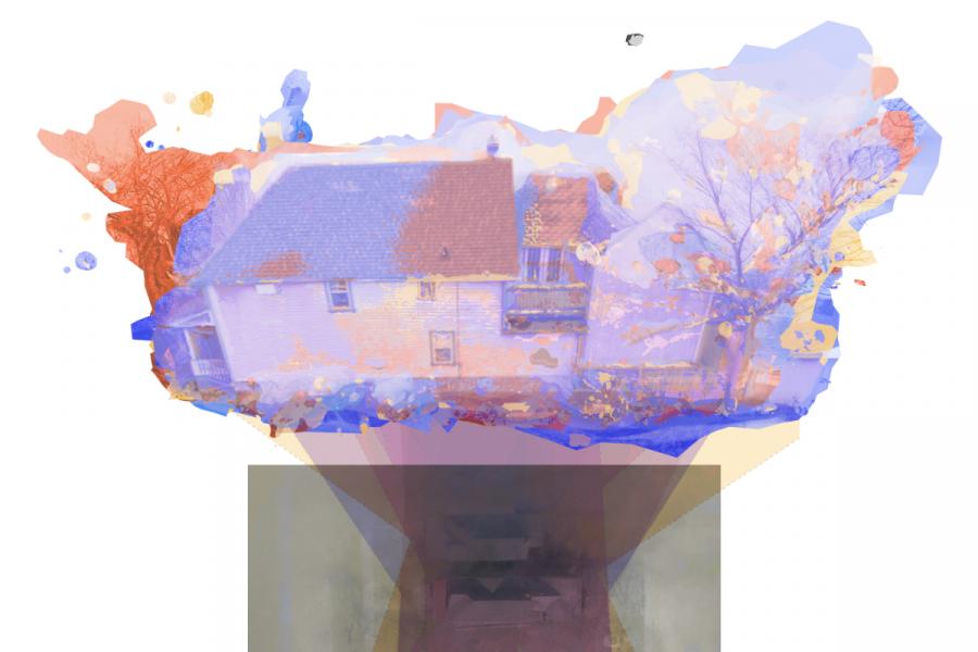 A colorful, abstract painting overlays a house and trees, merging vibrant splashes of red and blue with imagery. A muted staircase appears below, creating a dreamlike, surreal atmosphere.