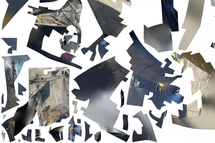 Abstract collage featuring jagged, fragmented shapes with various textures and colors, creating a chaotic and dynamic visual pattern.