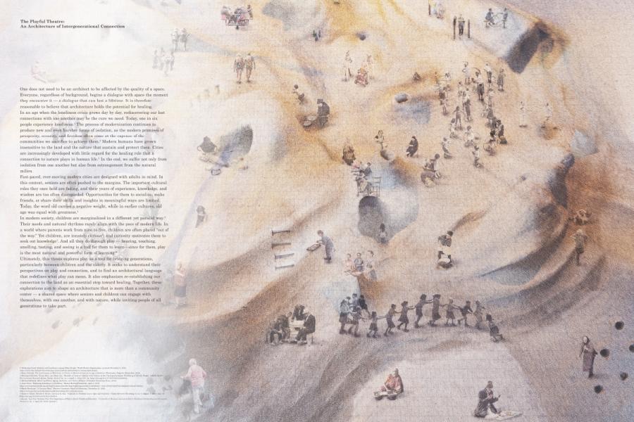 A textured landscape features small human figures engaged in activities, with some climbing or sitting. Text on the left discusses architecture and play. The scene has a whimsical, lively feel.