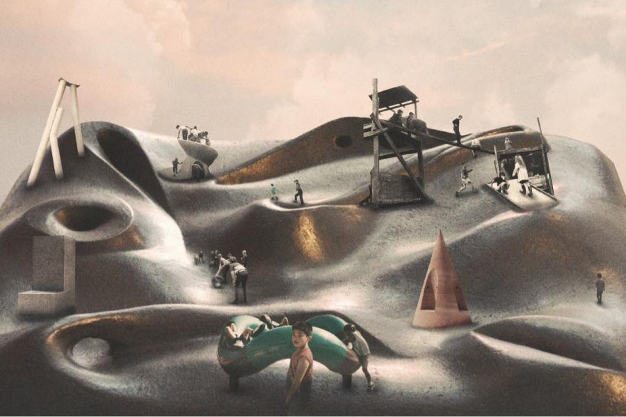 Surreal landscape with smooth hills and abstract playground structures. Children explore, giving a whimsical, imaginative, and playful tone.