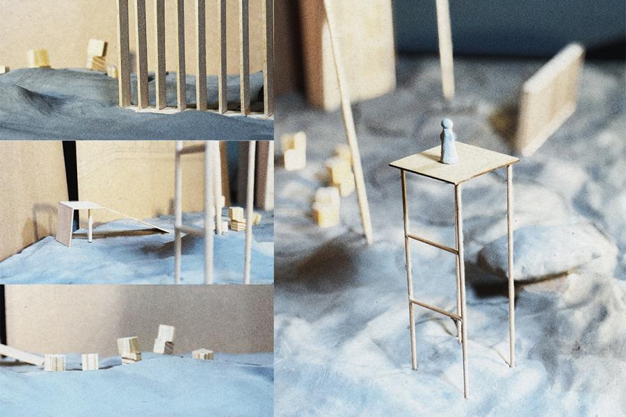 A miniature scene features tall, thin structures and platforms on a textured blue surface. A small figure stands on a raised platform, conveying a sense of isolation.