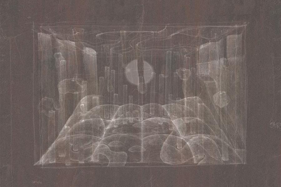 A surreal sketch depicts a geometric landscape with cylindrical pillars and arches. A large sphere floats centrally. The tone is mysterious and ethereal.