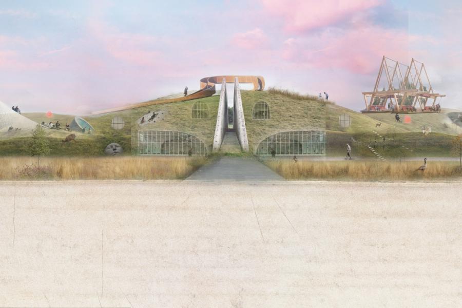Architectural landscape with grassy hills, a slide, and modern structures. People walk, relax, and play under a serene pink sky. Futuristic and peaceful.