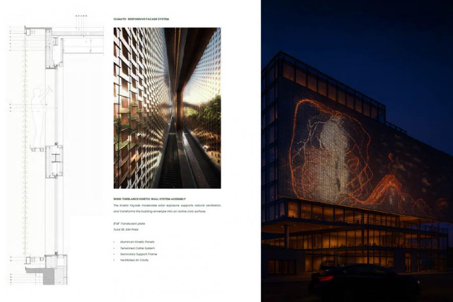 Side-by-side image of an architectural facade system. Left: technical drawings and details. Right: a building at night with a glowing, dynamic facade.