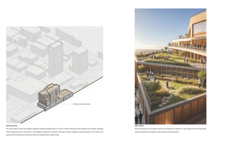 Two side-by-side images of an urban building. Left: architectural model with focus on communal areas. Right: multi-level rooftop garden with people, conveying a sense of community.