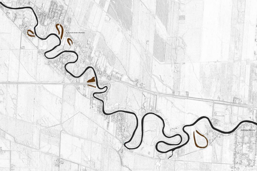 A monochrome map showing a winding river with bold black outlines, surrounded by faint, detailed land plots. Brown areas highlight specific river sections.