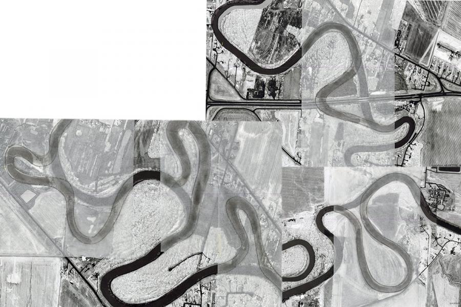 Aerial view of a patchwork landscape with meandering river, farmlands, and roads. Black and white tones highlight curves and patterns, creating an abstract feel.