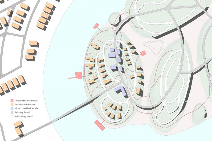 Map of a residential area with orange houses, purple mixed-use buildings, pedestrian walkways, and primary and secondary roads on a green landscape.