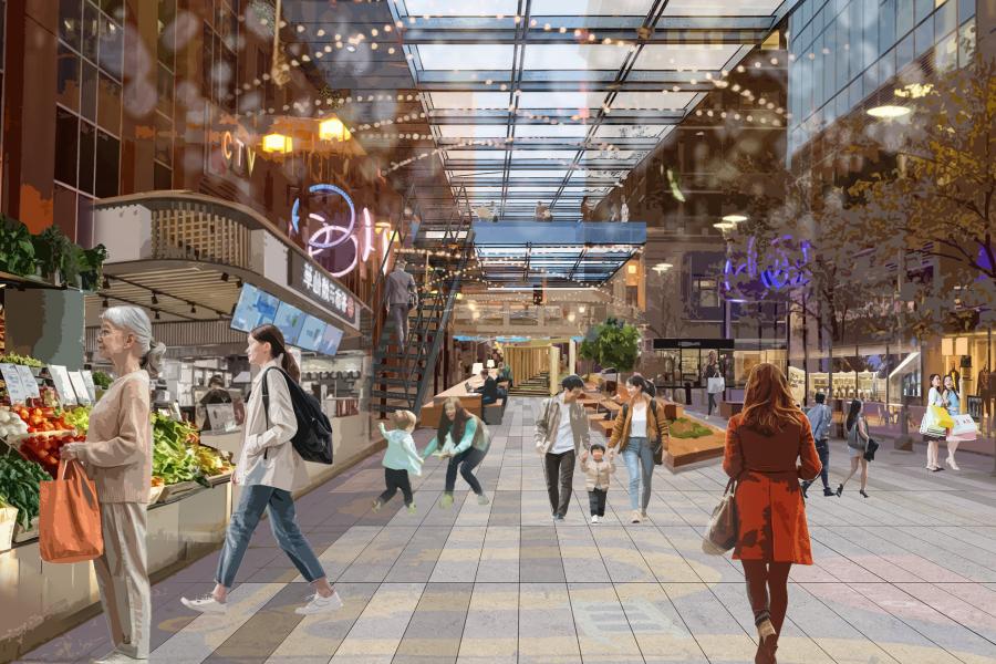 A bustling urban market scene under a glass roof, featuring people shopping and strolling. Warm lights create a cozy, vibrant atmosphere.