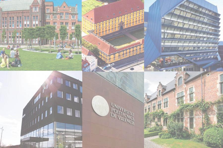 Collage of six university buildings, each with unique architecture.