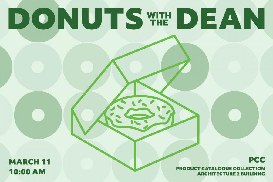Event poster titled 'Donuts with the Dean' featuring a line drawing of a donut box with a donut inside. 