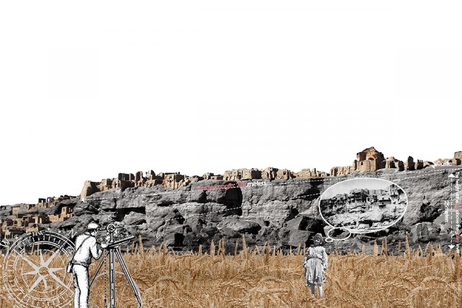 A surreal landscape with a sepia-toned wheat field in the foreground, a person surveying with equipment, and a child gazing at ancient cliff dwellings with a bubble showing a historic image. The sky is a stark white, creating a contrast with the earthy tones and giving an impression of historical reflection.