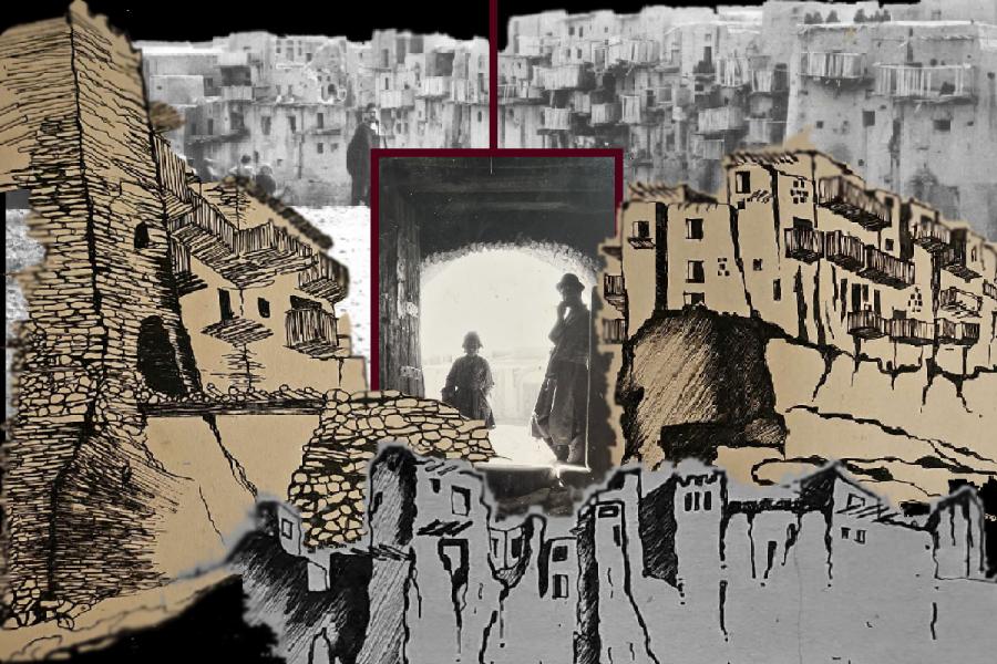 Collage combining sketches and photos of cliffside dwellings. Central image shows two silhouetted figures in an archway. Tone is nostalgic and historical.