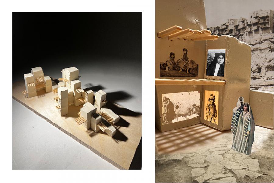 On the left, a model showcases abstract geometric structures casting shadows. On the right, a collage combines historical photos on a textured surface.