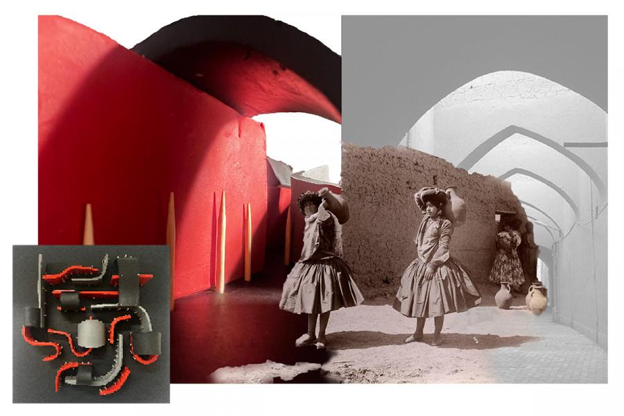 A collage with vibrant red walls and an arched corridor transitions into an old photo of women in traditional dresses carrying pots. A small abstract design sits in the corner.