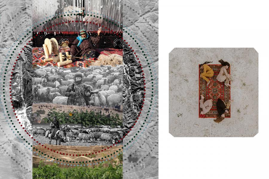A vertical collage juxtaposes colorful imagery of a person spinning wool and grayscale images of shepherds with sheep. Concentric dotted circles overlap. To the right, three people in yellow, white, and black lie on a patterned rug on a snowy surface.