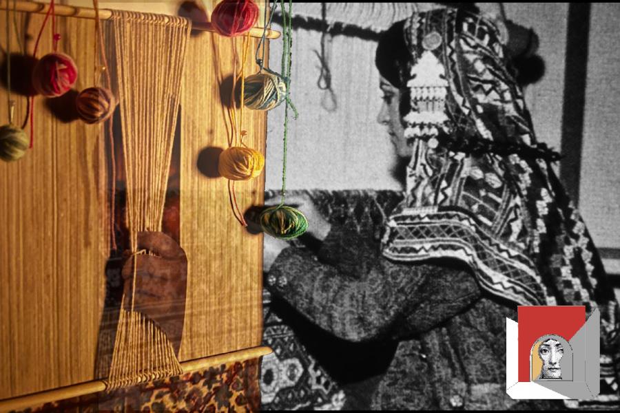 A traditional weaver in patterned attire works in black and white on the right, while colorful yarn balls and woven threads appear on the left for contrast.