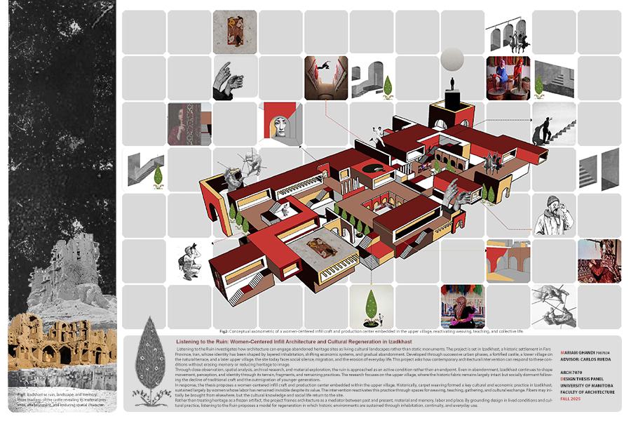 3D architectural model in red and white, featuring people and plants, overlays a grid of small images, suggesting cultural and historical themes.