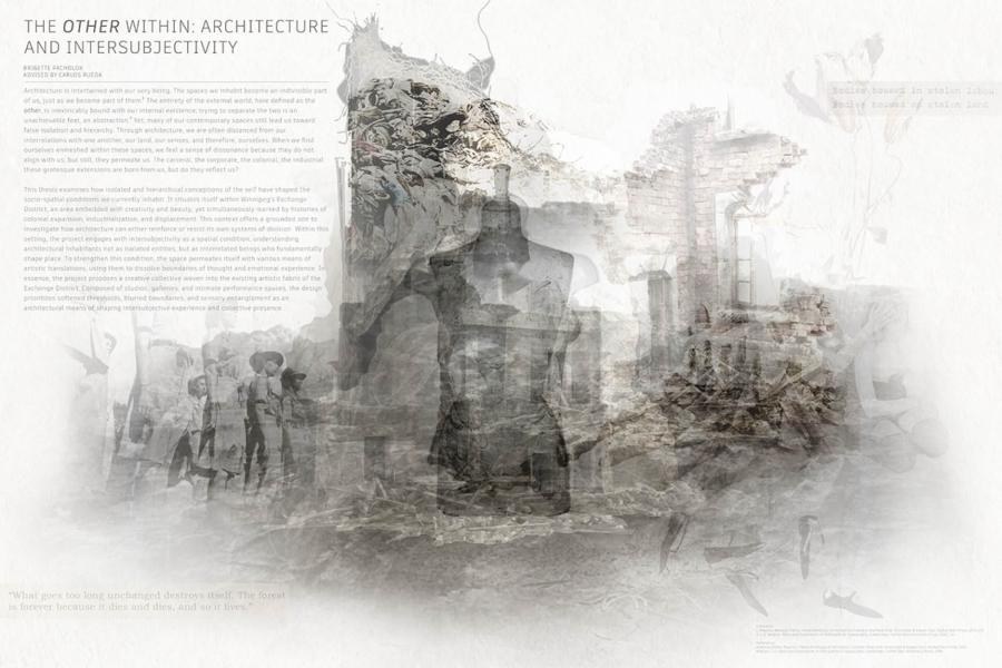 A collage titled "The Other Within: Architecture and Intersubjectivity" blends text and images, featuring human figures, architectural ruins, and abstract forms, conveying a sense of historical reflection and philosophical inquiry.