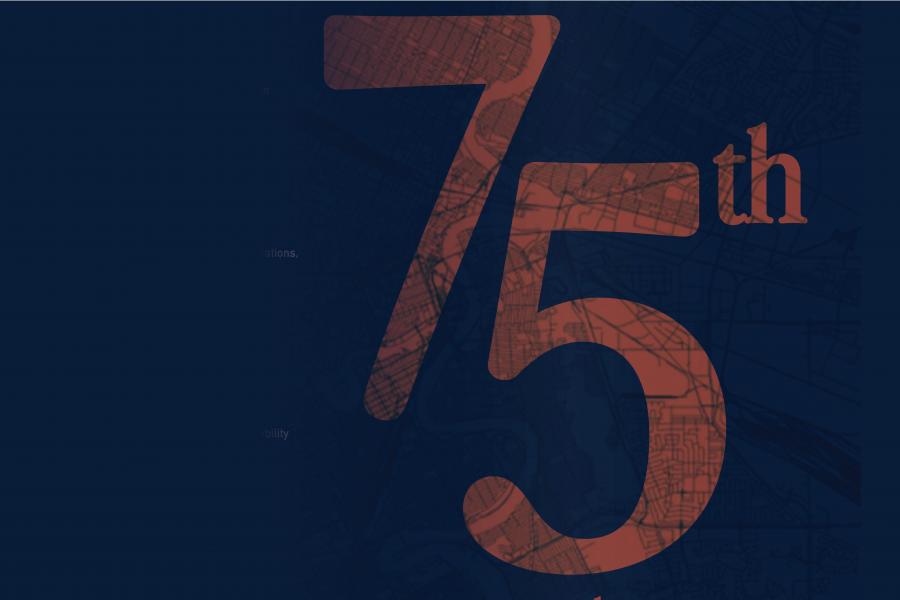 Large red "75th" over a city map pattern on the right, creating an anniversary theme.