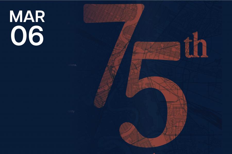 Large red "75th" over a city map pattern on the right, creating an anniversary theme.