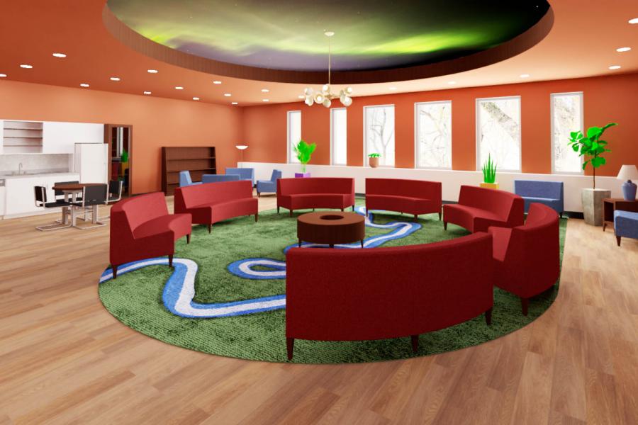 A modern lounge with red curved couches on a circular green rug with blue accents, wood flooring, and large windows. 