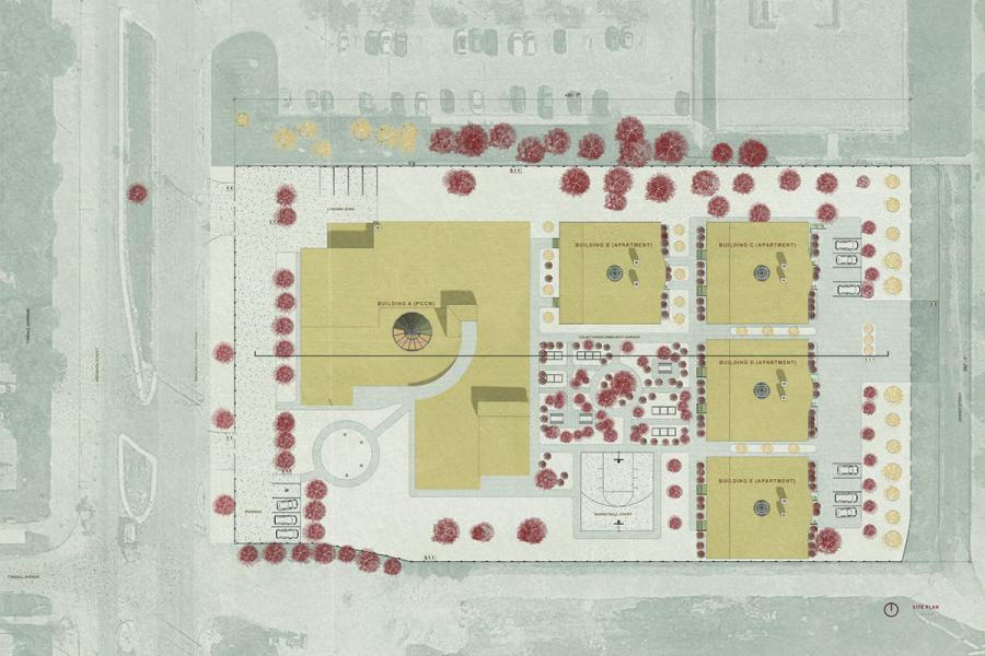 Site plan depicting a complex with five labeled buildings surrounded by landscaped areas and pathways. 