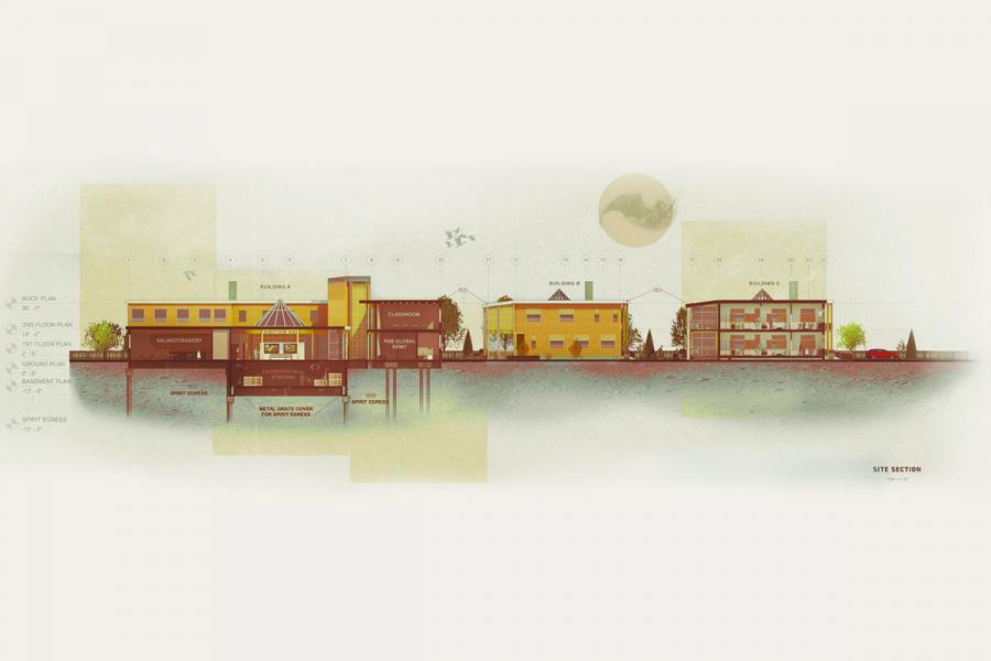Architectural site section illustration showing three buildings in warm tones, labeled with floor plans.