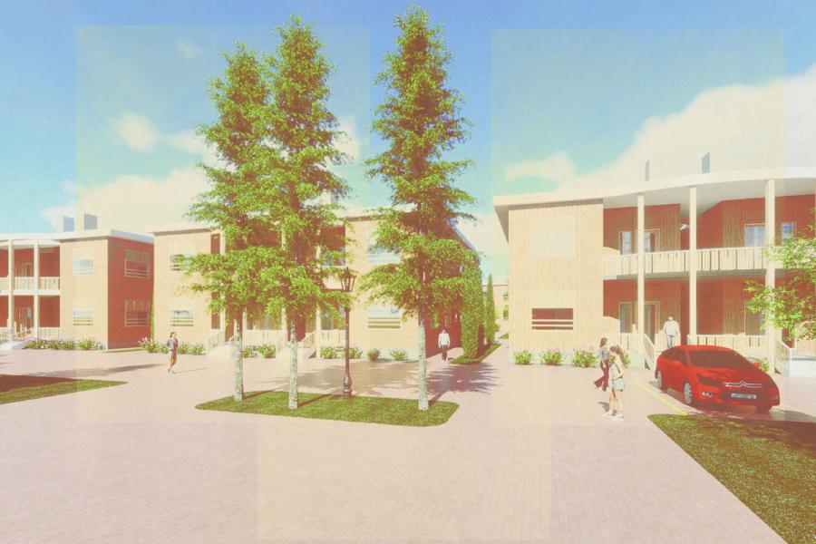 A sunny day at a residential complex with modern two-story buildings, tall trees, and parked cars.