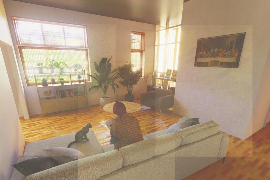 Bright, cozy living room with a person sitting on a couch, reading, while a cat sits beside them.