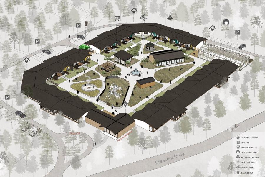 Aerial view of a large, square building complex with an open courtyard featuring pathways, greenery, and sculptures.