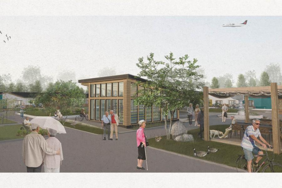 A serene community scene featuring elderly people walking, cycling, and socializing near modern wooden buildings.