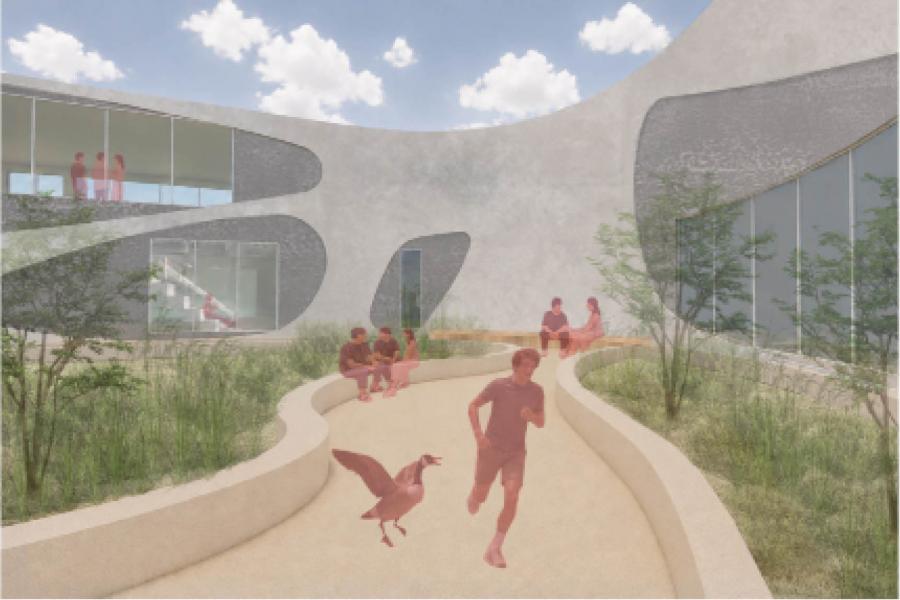 Curved concrete path in a modern courtyard with people walking and sitting; a goose walks nearby. Contemporary architecture and lush greenery.
