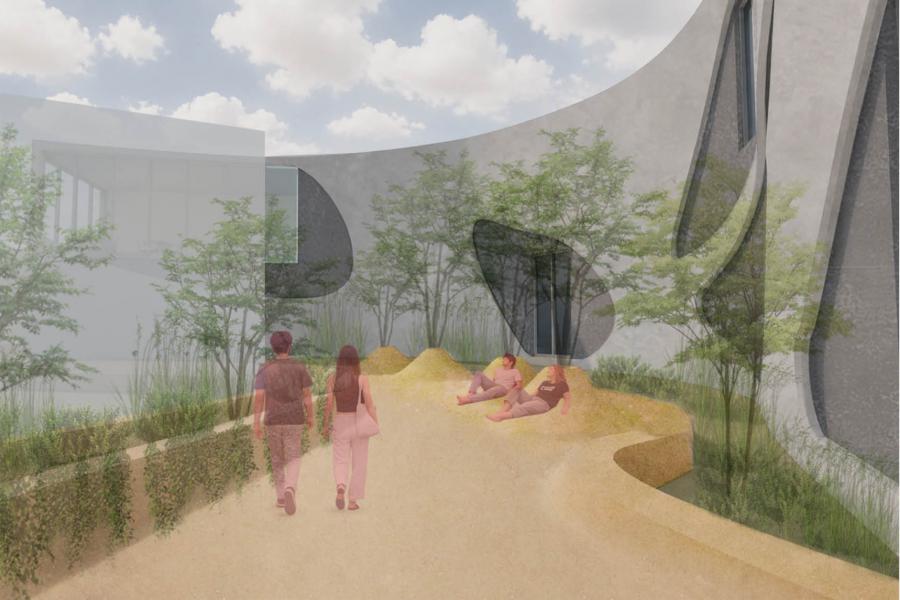 A modern, curved building with large windows surrounds a courtyard. Two people walk on a sandy path, while two others relax near greenery under a bright sky.