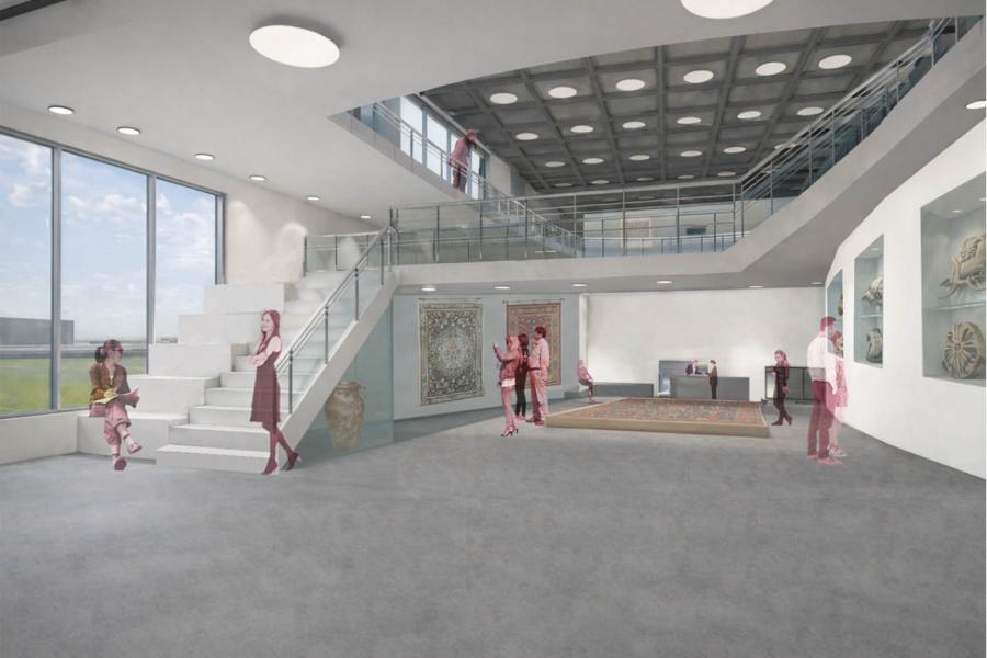 Modern atrium with large windows, a staircase, and an upper-level walkway. People observe art and artifacts, creating a contemplative atmosphere.