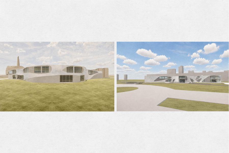 Two images depict a modern building with organic curves and large windows.