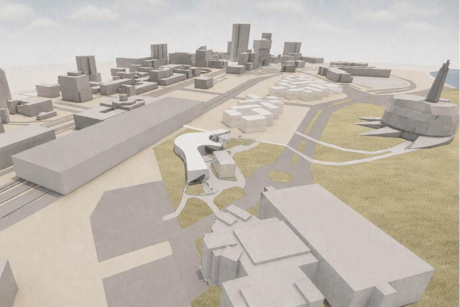 A 3D architectural model of an urban landscape features simplified buildings, curving roads, and open green spaces, conveying modern city planning.