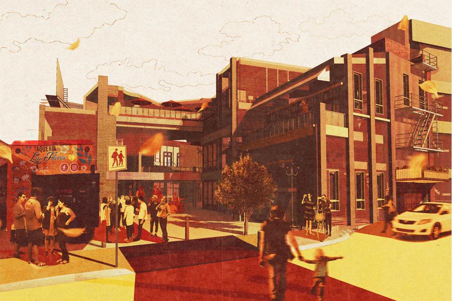Street scene illustration with a vintage tone, depicting people gathering near a taqueria.