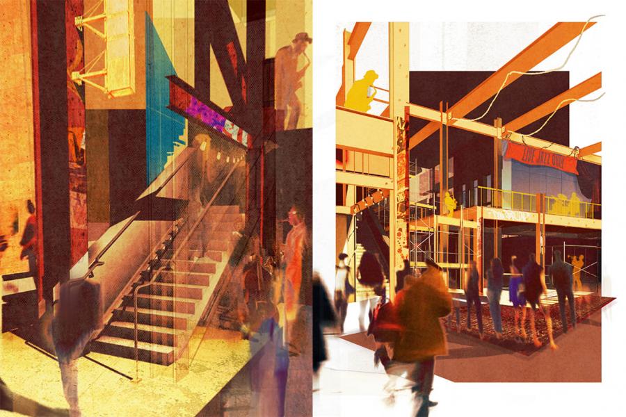 Collage-style image showing blurred figures on an escalator in warm tones on the left, and people near a modern building structure in cool tones on the right.