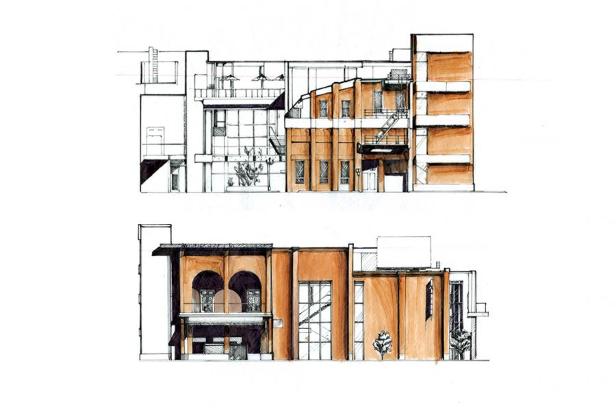 Architectural sketch showing two elevation views of a building. The design includes orange-brown tones, prominent windows, and modern aesthetic enhancements.