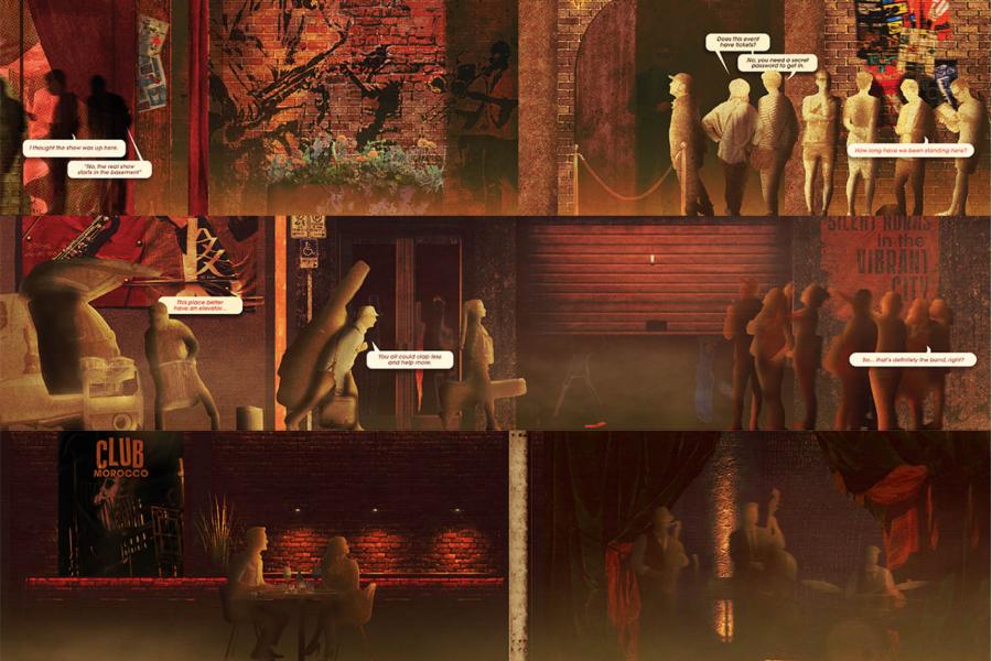 A dimly lit club scene with groups of people silhouetted against brick walls featuring music-related graffiti. Conversations in speech bubbles imply anticipation and curiosity. 