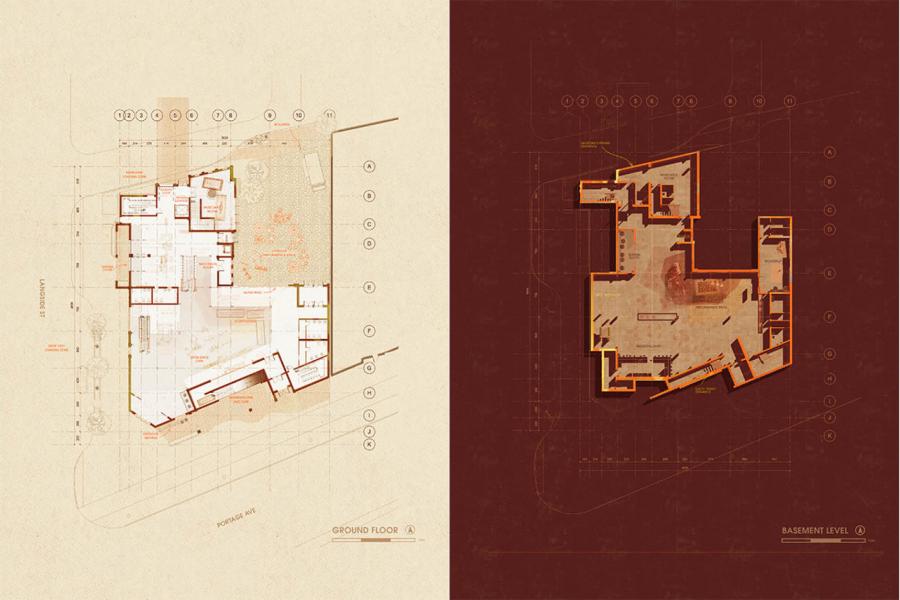 Architectural floor plans of a house, divided in two: left shows the ground floor on a beige background, right is the basement on a dark brown background.