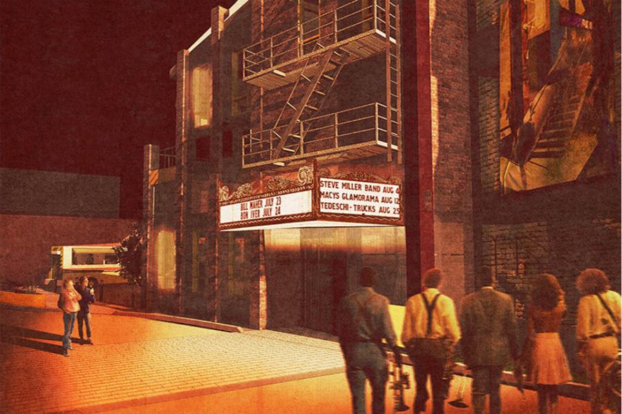 A retro theater at night with a lit marquee listing upcoming shows. A group of people walk by, creating a lively, nostalgic urban scene.