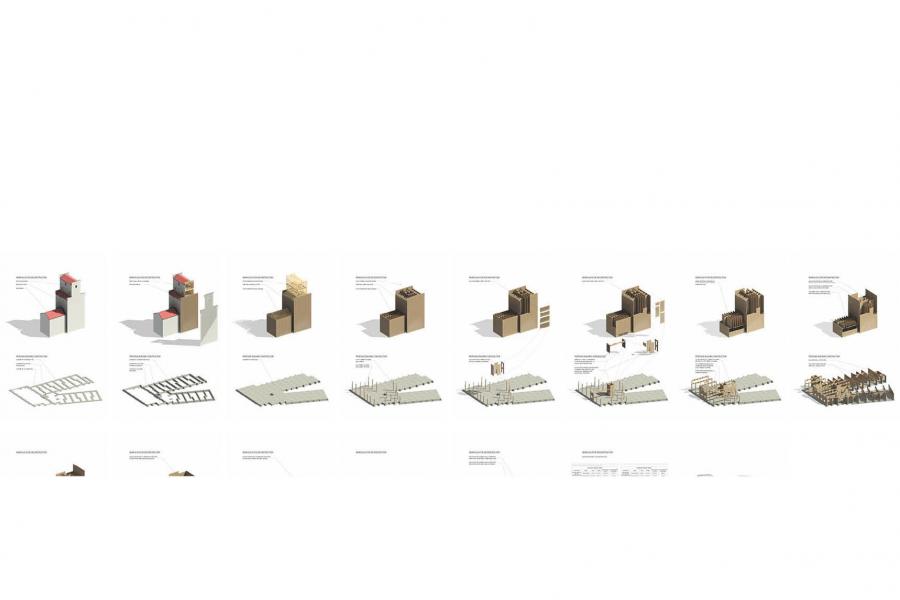 Image showing a step-by-step visual guide to assembling a modular building from flat components to a complete structure, emphasizing architectural design.
