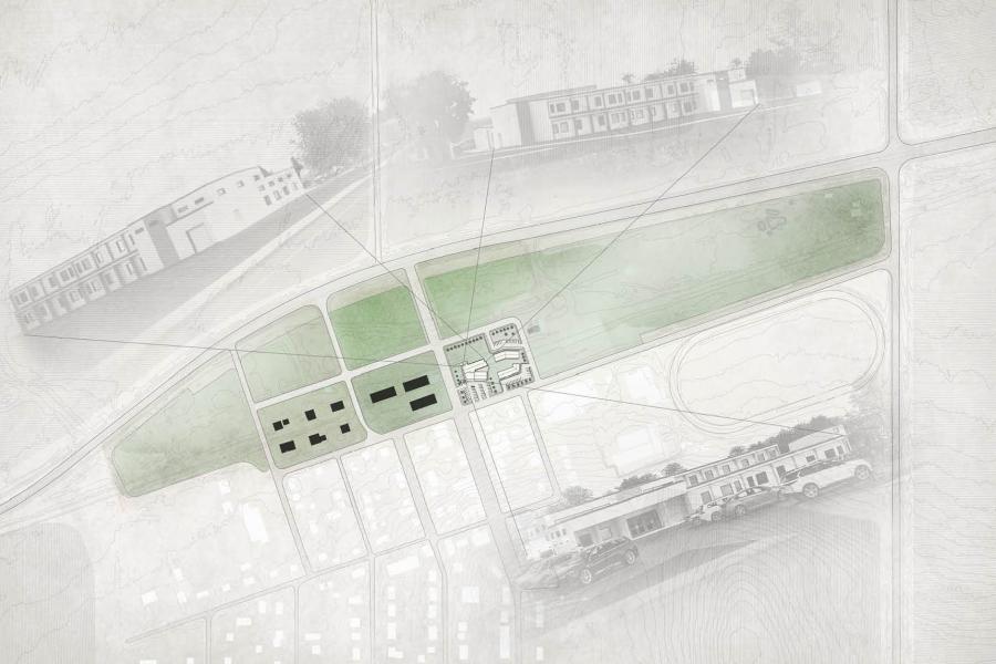 A conceptual site plan features a modern building, green spaces, and pathways.