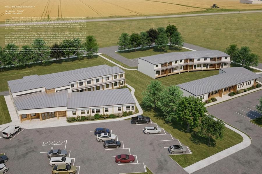 Aerial view of a rural complex with three modern buildings, surrounded by trees and fields.