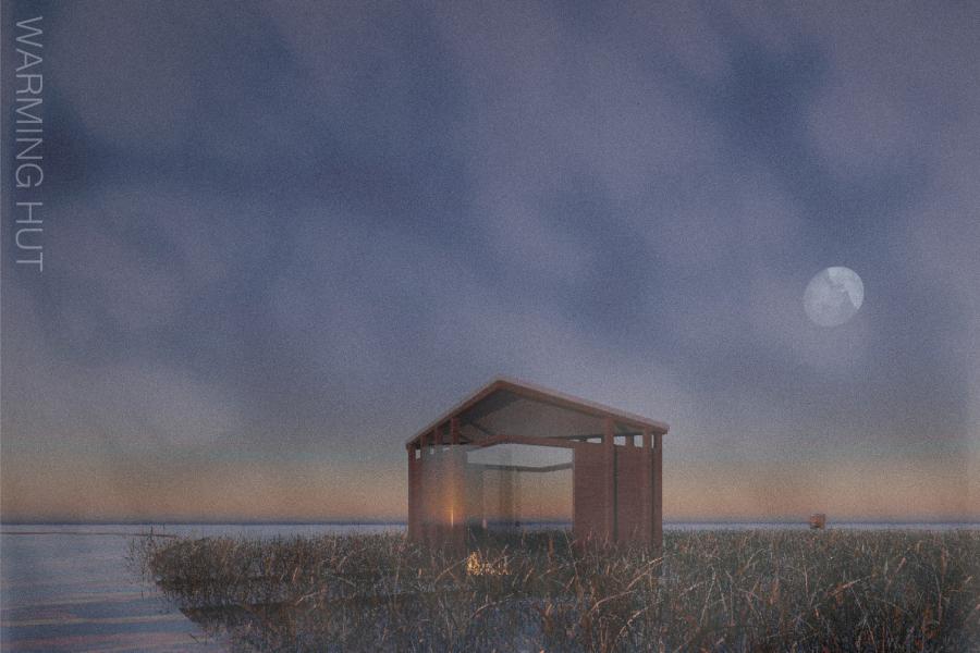 A small wooden hut glows warmly under a misty, moonlit sky surrounded by a vast field of reeds. 