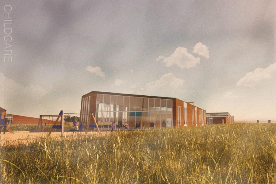 A modern childcare center with a brick facade and large windows sits under a cloudy sky.