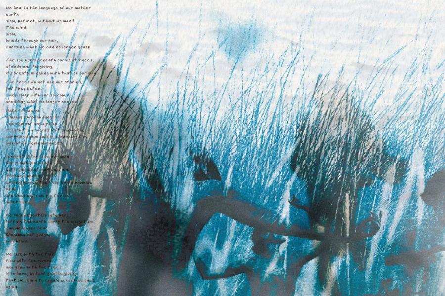 Abstract artwork featuring silhouettes of figures moving through a field of tall, wispy grass.